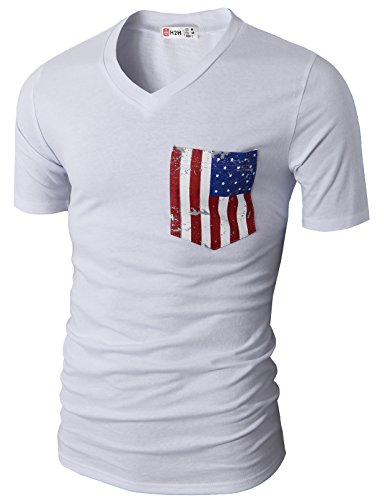 H2H Mens Casual V-neck Short Sleeve Sport T-shirts with American Flag Chest Pocket WHITE US L/Asia XL (CMTTS0173)