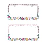 2 Pack Pink Flowers Crystal Rhinestone Stainless Steel License Plate Frame by Valor