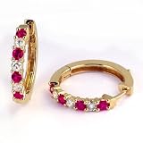 1 Carat Prong Set Ruby & Diamond Hoop Earrings in 14k Yellow Gold (with Safety Lock)