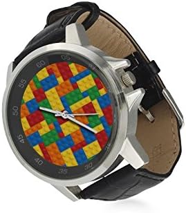 Colorful Lego Blocks,Lego Bricks Pattern Unisex Stainless Steel Leather Strap Watch,Watch Face Diameter: 1.4"