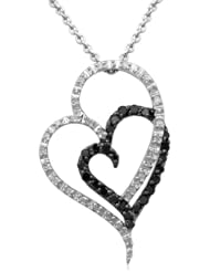 Sterling Silver Black and White Diamond Double Heart Pendant Necklace (1/4 cttw, I-J Color, I2-I3 Clarity), 18"