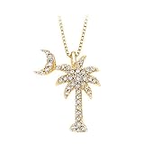 14K Yellow Gold 3/8 ct. Diamond Palm Tree with Crescent Moon Pendant with Chain