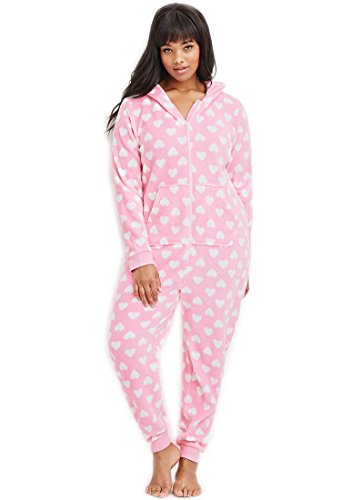 pink amazon onesie womens Womens Heart Print Plush Pink Pj Jumpsuit Onesies Xl 1x