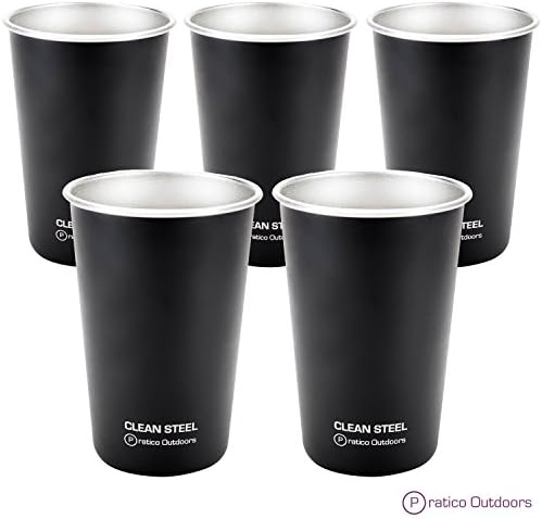 Clean Steel Stainless Steel Cups - Multi-purpose 16 oz Pint Glasses Made from BPA Free Premium 18/8 Electropolished SS Metal (Set of 5 - 473 ml) - Black