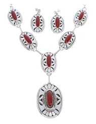 Coral Navajo Indian Sterling Silver Link Necklace Earring Set MX22937