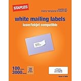 Staples White Mailing Labels for Laser Printers, 1 x 2.62 Inch, 100 Sheets, 3000 Labels, Avery Template 5160/8160