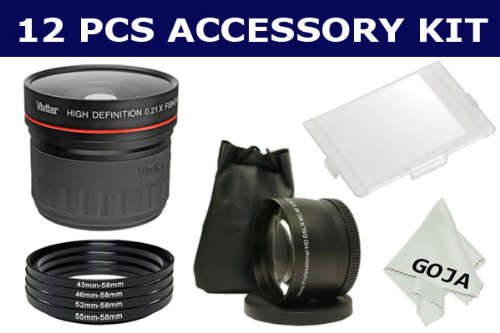 12 Pcs KIT For SONY A350 A300, Includes: 0.21x Wide Angle Fisheye Magnification+4 Pcs Adapter Ring Kit (43/58MM, 46/58MM, 52/58MM, 55/58MM) +1 Comfortable Carry Case+ Caps+2.5X High Definition Telephoto Lens+ Carry Case+ Caps+ LCD Hard Screen Cover Protector+1 Deluxe Ultra Fine Microfiber Cleaning Cloth GOJA Logo