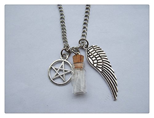 Silver tone necklace supernatural protection. Pentagram and angel wing pendant necklace Salt Bottle