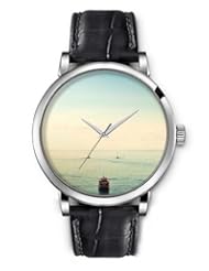 SPRAWL Aanalog Fashion Series Silver Ladies Watches of Genuine Black Leather Strap,Unique Wrist Watch for Women Girls Designed with Boat at sea