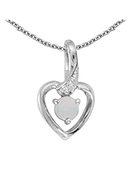10k White Gold Round Opal And Diamond Heart Pendant with 16" Chain