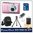 PowerShot SD1300 IS Digital ELPH Camera (Pink) 4216B001, 12.1 Megapixel, 4x 28-112 mm Equivalent UA Zoom Lens, 2.7" LCD, DIGIC 4 Image Processor, 8 GB Memory, Memory Card Reader, Case, Tripod, And Lens Cleaning Kit