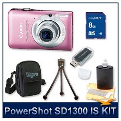 PowerShotSD1300ISDigitalELPHCamera(Pink)4216B001,12.1Megapixel,4x28-112mmEquivalentUAZoomLens,2.7LCD,DIGIC4ImageProcessor,8GBMemory,MemoryCardReader,DeluxeDigProCase,Tripod,AndLensCleaningKit