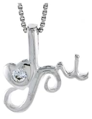 High Polished Sterling Silver 3/4 inch (19 mm) tall "I Love You" Heart Pendant, w/ 3mm Brilliant Cut CZ Stone, w/ 18" Thin Box Chain