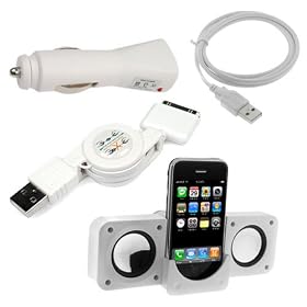 USB Rapid Car Charger + USB Home Travel Charger + Retractable USB Data Cable + White Portable Folding Stereo Speaker by GTMax for Apple iPod Video
