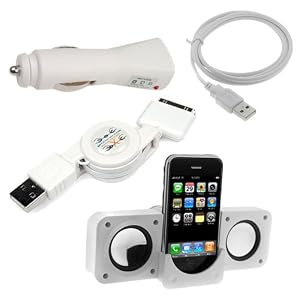 USB Rapid Car Charger + USB Home Travel Charger + Retractable USB Data Cable + White Portable Folding Stereo Speaker by GTMax for Apple iPod Touch 2nd Generation