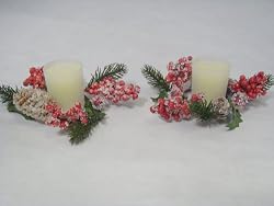 Pack of 2 Iced Pine Cone & Holly Berry Christmas Candle Rings with Candles