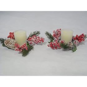  Pack of 2 Iced Pine Cone & Holly Berry Christmas Candle Rings with Candles