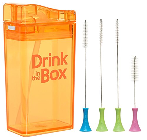 Drink in the Box 8 Ounce Reusable Juice Container, Orange with Cleaning Brush Set