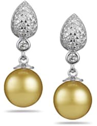 0.50 Cts Diamond & 10 mm Golden South Sea Pearl Dangle Earrings in 14K White Gold