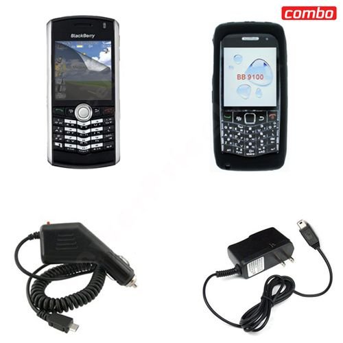 Blackberry pearl 9100 Combo Solid Black Silicon Skin Case Faceplate Cover + LCD Screen Protector + Rapid Car Charger + Home Wall Charger for Blackberry pearl 9100