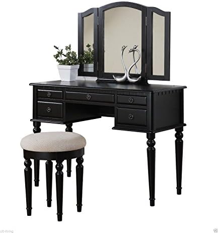 Tri Folding Mirror Vanity Set Makeup Table Dresser w/ Stool 5 Drawer Wood Black