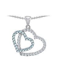 Original Star K (tm) Double Heart Love Pendant with Round Simulated Blue Topaz in 925 Sterling Silver