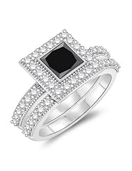 1.32-1.60 Cts Black & White Diamond Matching Ring Set in 14K White Gold