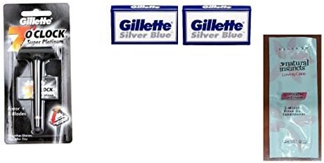 7 O'Clock Super Platinum Safety Razor w/ 5 Blades + Silver Blues Double Edge Blades, 5 ct. (Pack of 2) with FREE Loving Color trial size conditioner