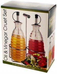 Oil & Vinegar Cruet Set - 2 Piece Dispenser Bottles plus Holder - Tall Round Ribbed Glass with Pourer - 8.5oz