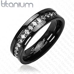 Solid Titanium with Black and CZ Stone Band Ring