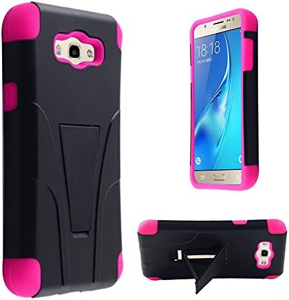 Hybrid Plastic T-Stand Dual Armor Silicone Cover Stand Case +lcd screen protector for Samsung Galaxy J7/J710 (Black/hot pink)