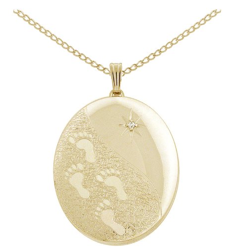 Gold Plated Silver Diamond Cut Footprints in the Sand Oval Locket Pendant - 18