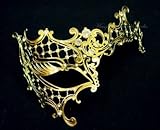 Gold Finish Laser Cut Metal Half Mask Venetian Masquerade w/ Rhinestones on the Top of Mask
