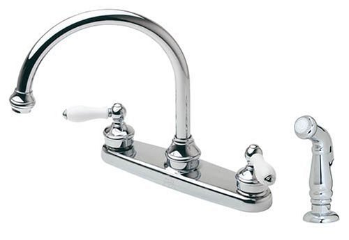 Price Pfister 8H685PC Savannah Double-Handle Kitchen Faucet with White Lever Handles and Side Sprayer, Chrome