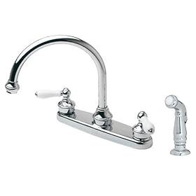 Price Pfister 8H685PC Savannah Double-Handle Kitchen Faucet with White Lever Handles and Side Sprayer, Chrome