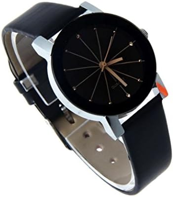 Omita® Women's Convex Quartz Black Dial Clock Round Case Faux Leather Wrist Watches (Black)