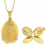 Vermeil (24k Gold over Sterling Silver) Etched Flower Design Oval Four Panel Locket Pendant