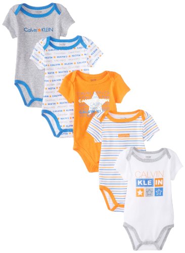 Calvin Klein Baby-Boys Newborn 5 Pack Creepers Orange and Gray Group
