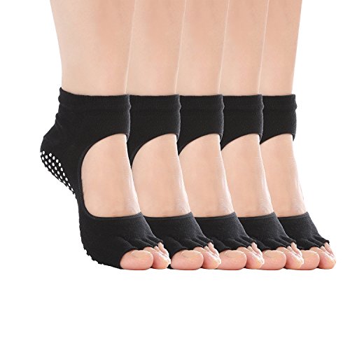 Agosti 5 Pack Yoga or Pilates Socks Non Slip Grip Cotton Toe Socks for Women Men