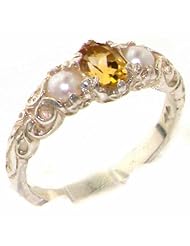 Ladies Solid 925 Sterling Silver Natural Citrine & Pearl Victorian Trilogy Ring - Finger Sizes 4 to 12 Available