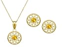 10k Yellow Gold, November Birthstone, Citrine Floral Disc Earring and Pendant Set