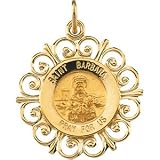 14K Yellow Gold Round Saint Barbara Pendant Medal | Size/Info: 18.5mm
