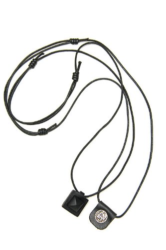 Click here to buy Diesel Black Gold Pyramid Stud Leather Pendant Necklace.