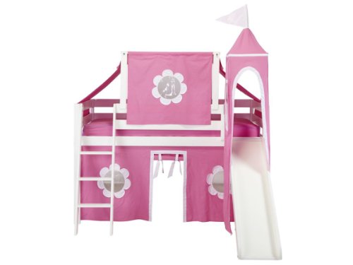 Low Loft Castle Bed with Curtain, Top Tent, Tower and Slide -Pink and White