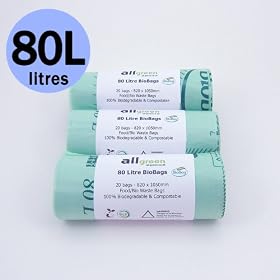 80 Litre x 60 bags All-Green brand Biobag Compostable Kitchen Bin Liners - Food Waste Bin Liners - EN 13432 - 80L Swing-Bin Bags with Composting Guide