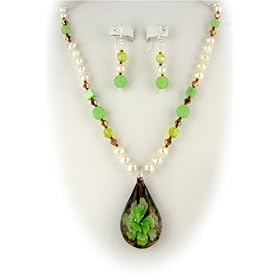Murano Glass Green Flower Pendant Freshwater Pearls Sterling Silver Necklace Earrings 1309