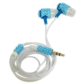 Sparkling New Swarovski Crystals Earphones Earbuds Headphones Blue on White $1.00 Shipping!