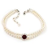 2 Strand Ivory Pearl Style CZ Wedding Choker Necklace (With Ruby Red Central Stone)