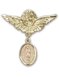 14K Gold Baby Badge with Our Lady of Guadalupe Charm and Angel with Wings Badge Pin