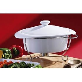 White Ceramic Serving Dish With Lid and Chrome Stand.